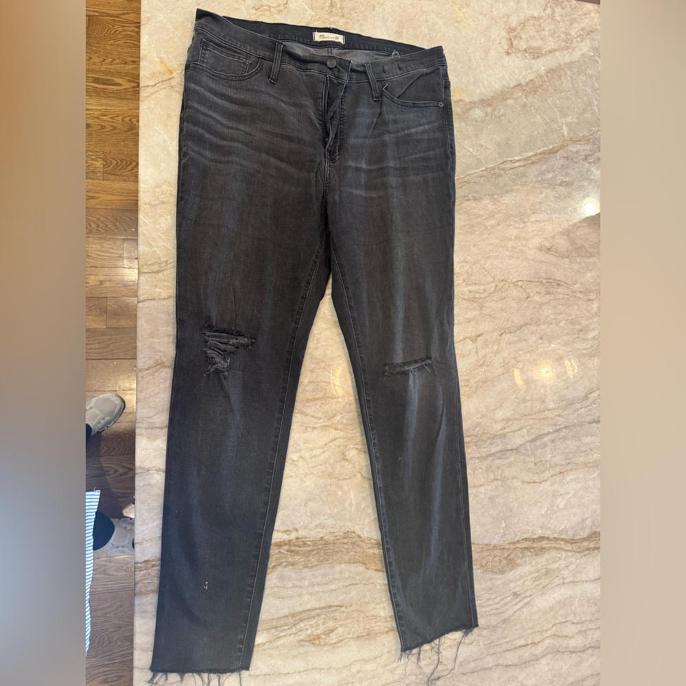 Madewell size 33, washed black, deconstructed skinny jeans